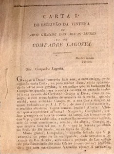 CARTA 1ª/ DO ESCRIVÃO DA VINTENA/ DO/ ARCO GRANDE DAS AGUAS LIVRES/ AO SEU/