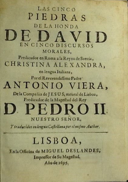 LAS CINCO/ PIEDRAS/ DE LA HONDA/ DE DAVID/ EN CINCO DISCURSOS/ MORALES,/